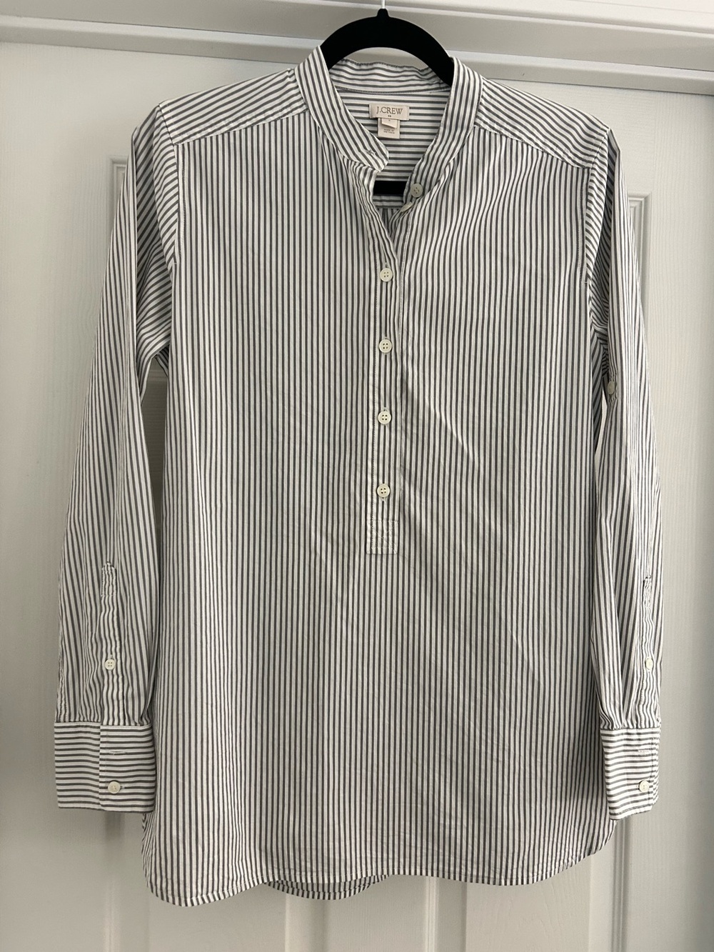 J. Crew White & Gray Vertical-Stripe Tunic Cotton Shirt